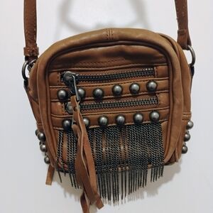Vintage Ash Brown Leather Small Utility Crossbody Bag Purse Ball Chain Design
